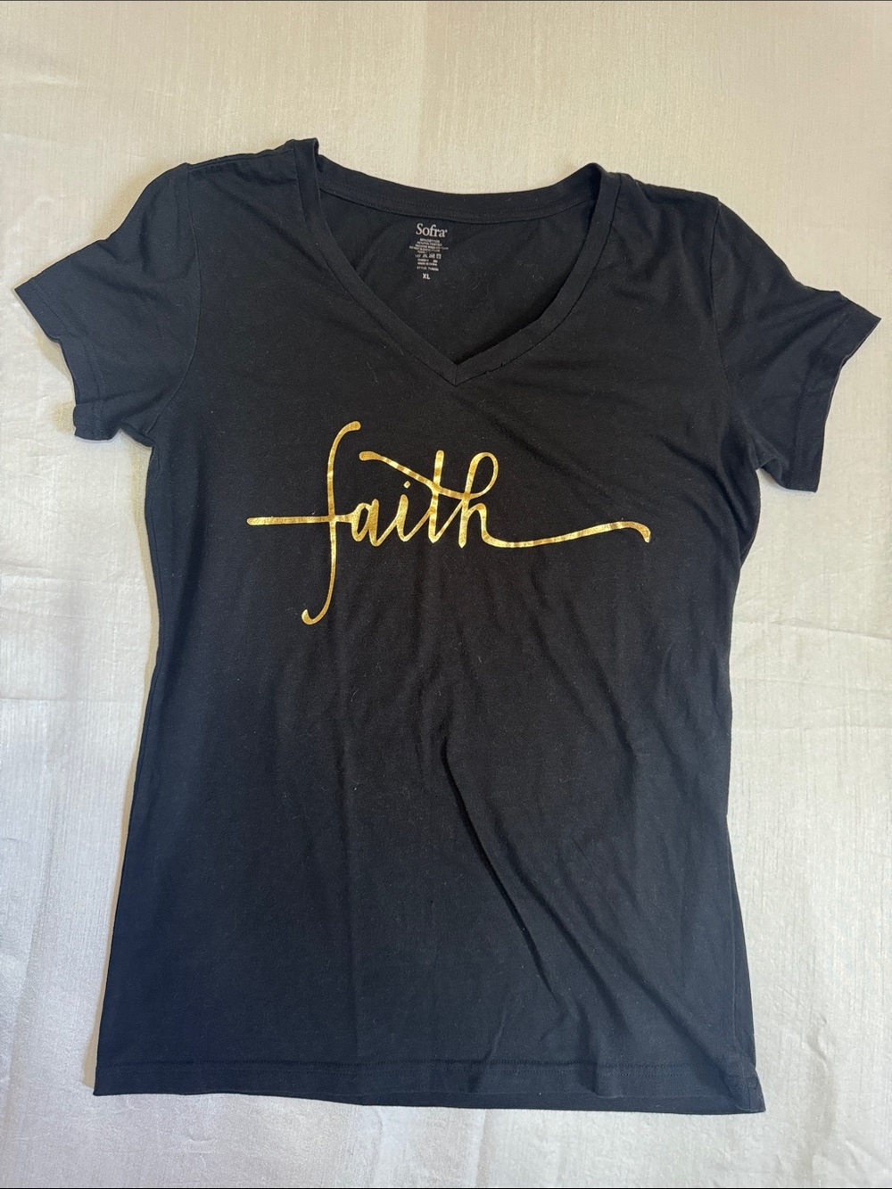 Sofra Black V-Neck Tee with Gold Script 'faith'#003